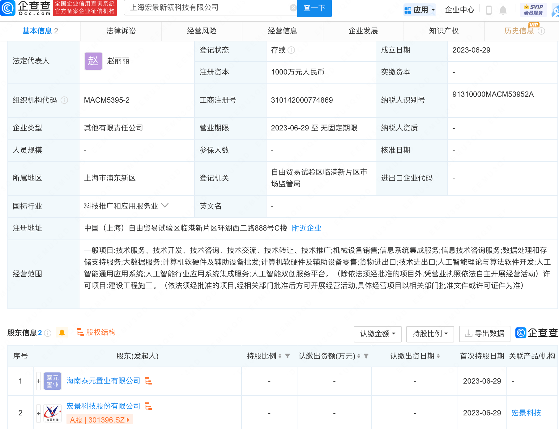 宏景科技于上海投资设立新公司<strong></p>
<p>软件开发</strong>，含AI软件开发业务