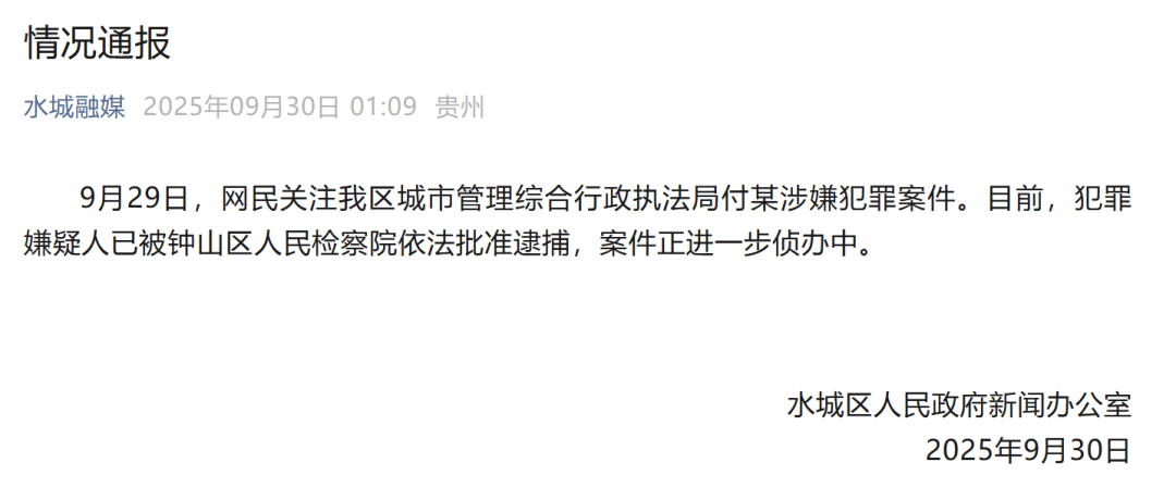 贵州六盘水凌晨通报:城管局付某涉嫌犯罪<strong></p>
<p>比特币多少钱</strong>,已被批捕